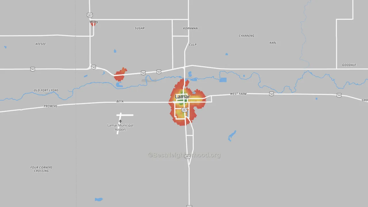 Walk Grade map of 81052, CO, walkable areas in green and car-dependent areas in red