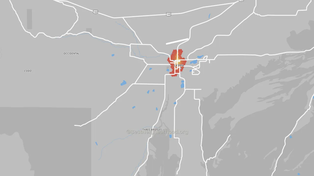 Walk Grade map of 81055, CO, walkable areas in green and car-dependent areas in red