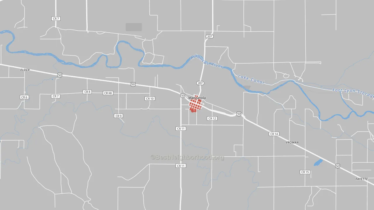 Walk Grade map of 81058, CO, walkable areas in green and car-dependent areas in red