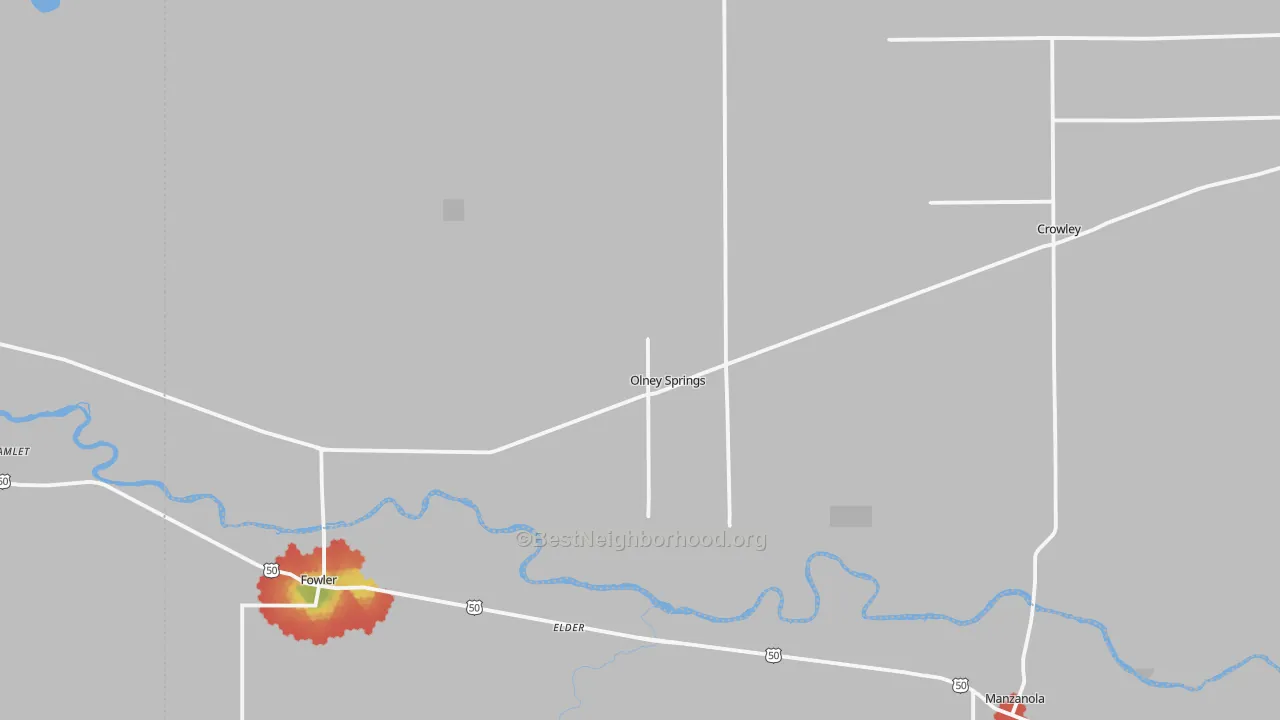 Walk Grade map of 81062, CO, walkable areas in green and car-dependent areas in red