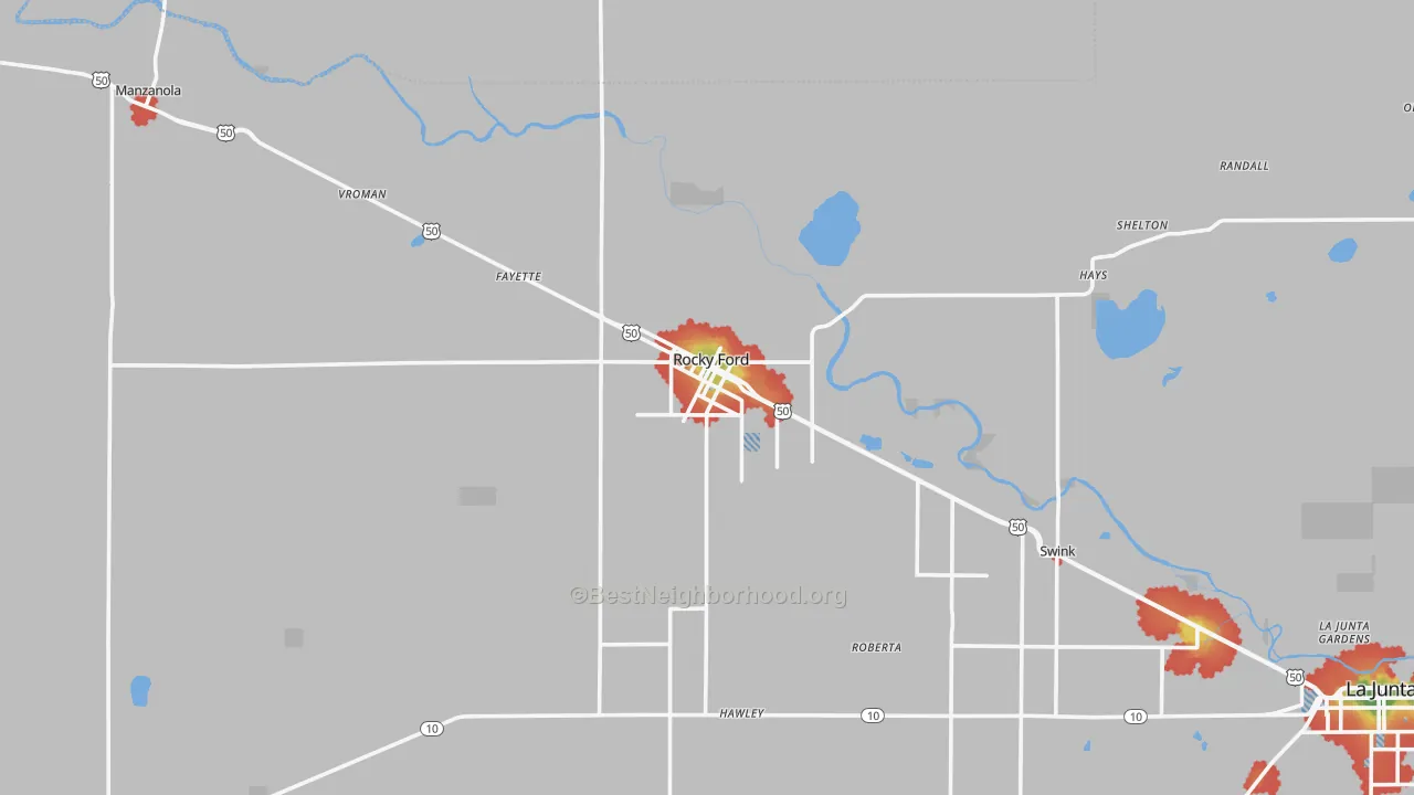 Walk Grade map of 81067, CO, walkable areas in green and car-dependent areas in red
