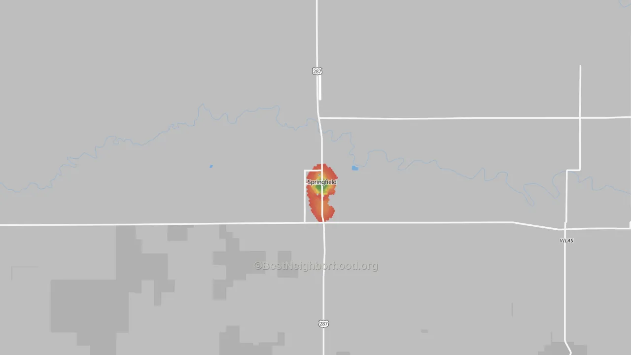 Walk Grade map of 81073, CO, walkable areas in green and car-dependent areas in red