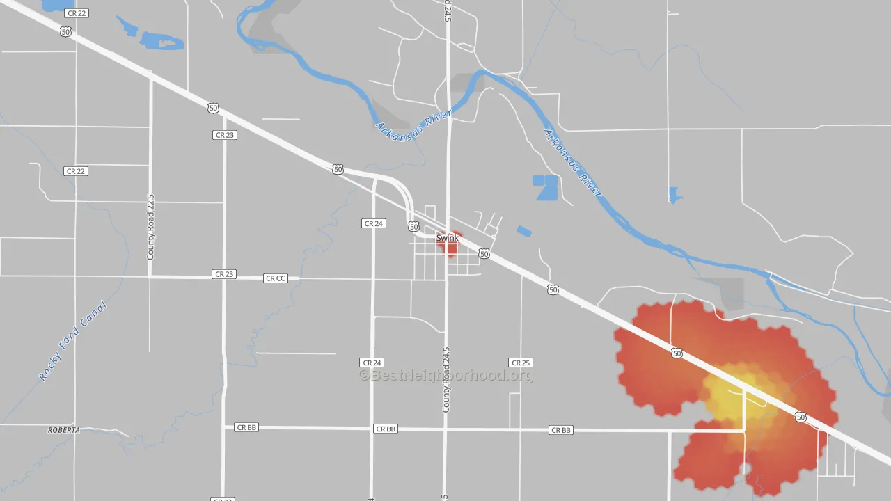 Walk Grade map of 81077, CO, walkable areas in green and car-dependent areas in red