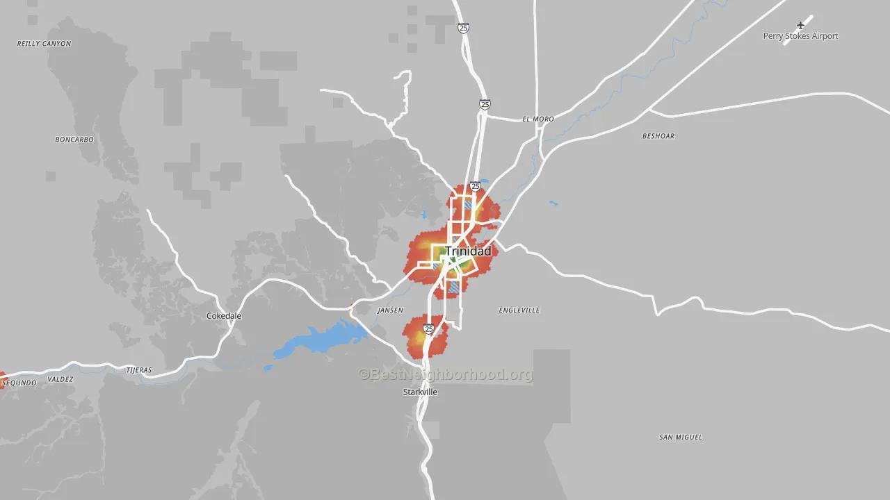 Walk Grade map of 81082, CO, walkable areas in green and car-dependent areas in red