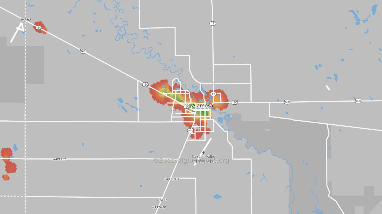 Walk Grade map of 81101, CO, walkable areas in green and car-dependent areas in red