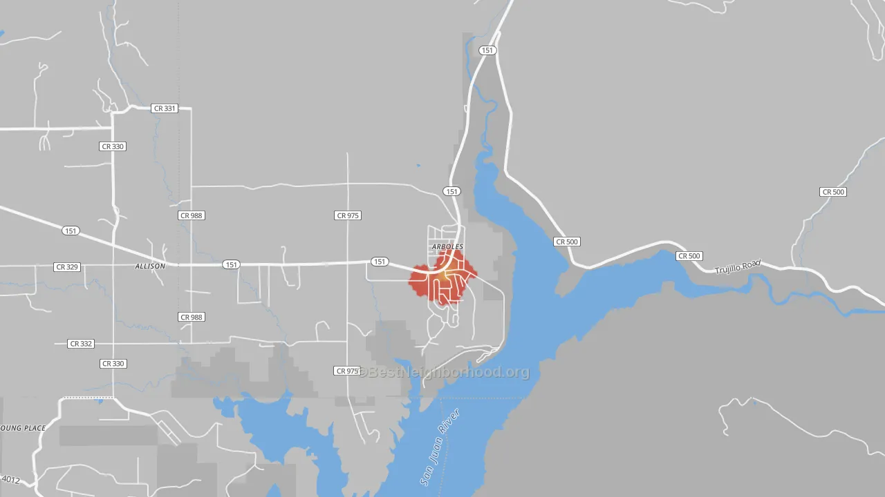 Walk Grade map of 81121, CO, walkable areas in green and car-dependent areas in red