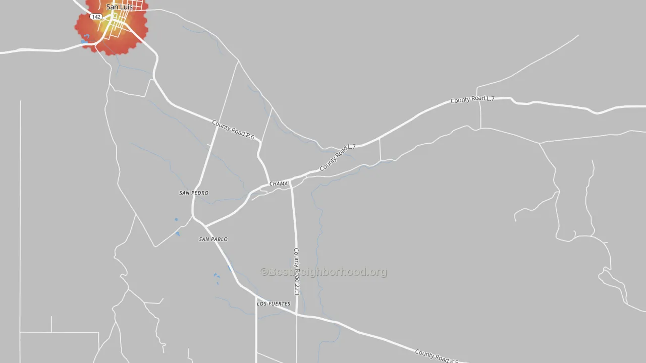 Walk Grade map of 81126, CO, walkable areas in green and car-dependent areas in red