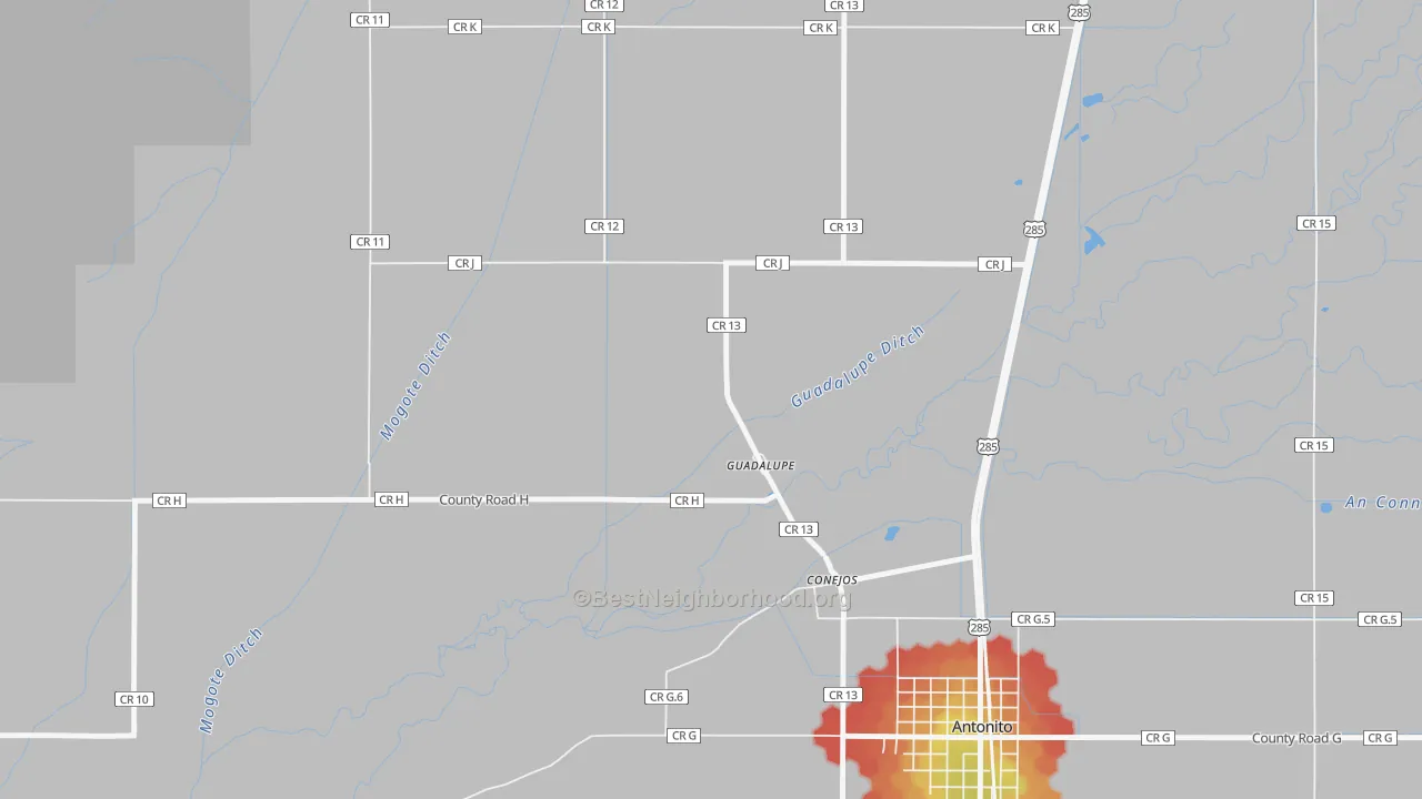 Walk Grade map of 81129, CO, walkable areas in green and car-dependent areas in red