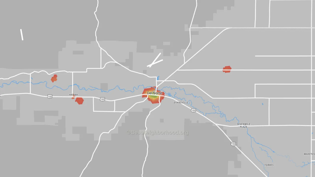 Walk Grade map of 81132, CO, walkable areas in green and car-dependent areas in red