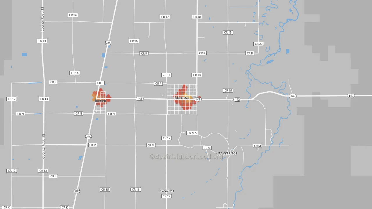 Walk Grade map of 81141, CO, walkable areas in green and car-dependent areas in red