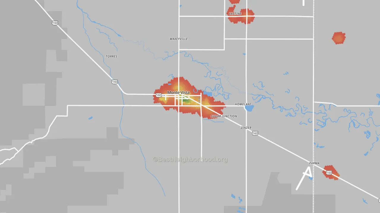 Walk Grade map of 81144, CO, walkable areas in green and car-dependent areas in red