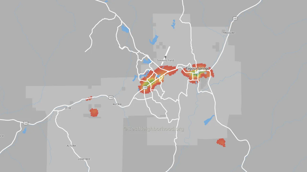 Walk Grade map of 81147, CO, walkable areas in green and car-dependent areas in red