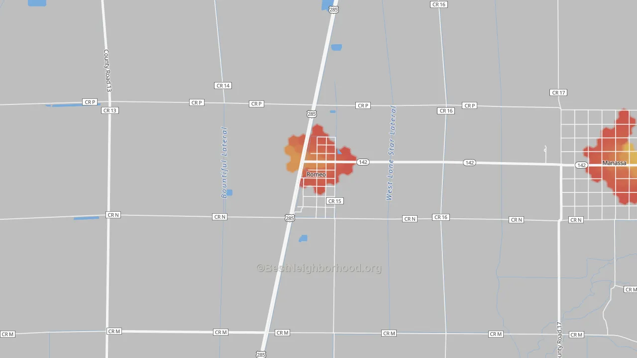 Walk Grade map of 81148, CO, walkable areas in green and car-dependent areas in red