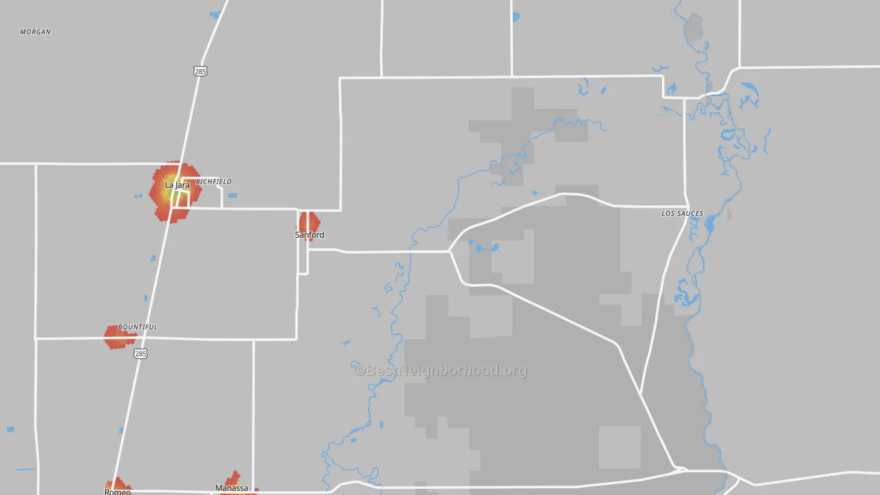 Walk Grade map of 81151, CO, walkable areas in green and car-dependent areas in red