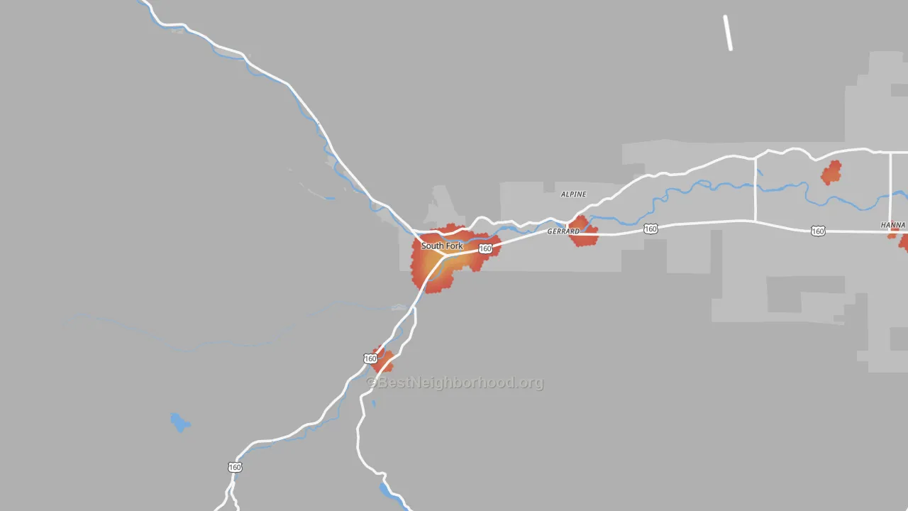 Walk Grade map of 81154, CO, walkable areas in green and car-dependent areas in red