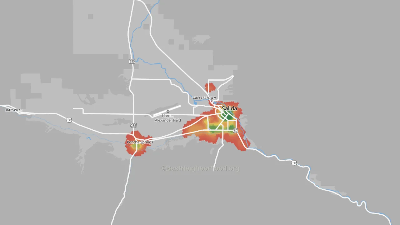 Walk Grade map of 81201, CO, walkable areas in green and car-dependent areas in red