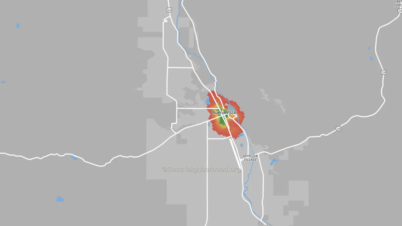 Walk Grade map of 81211, CO, walkable areas in green and car-dependent areas in red