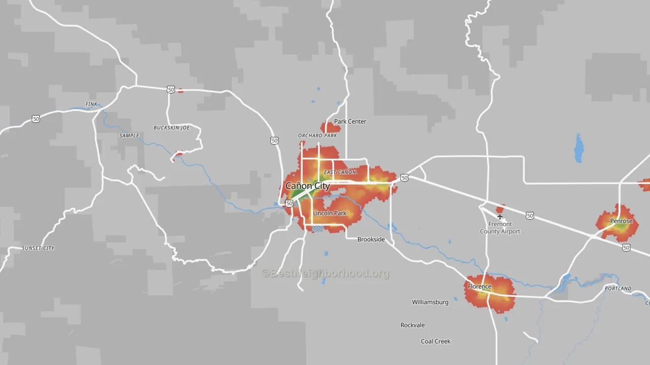 Walk Grade map of 81212, CO, walkable areas in green and car-dependent areas in red