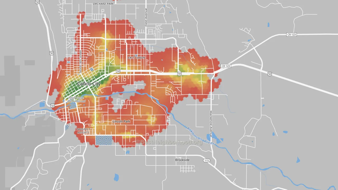 Walk Grade map of 81215, CO, walkable areas in green and car-dependent areas in red