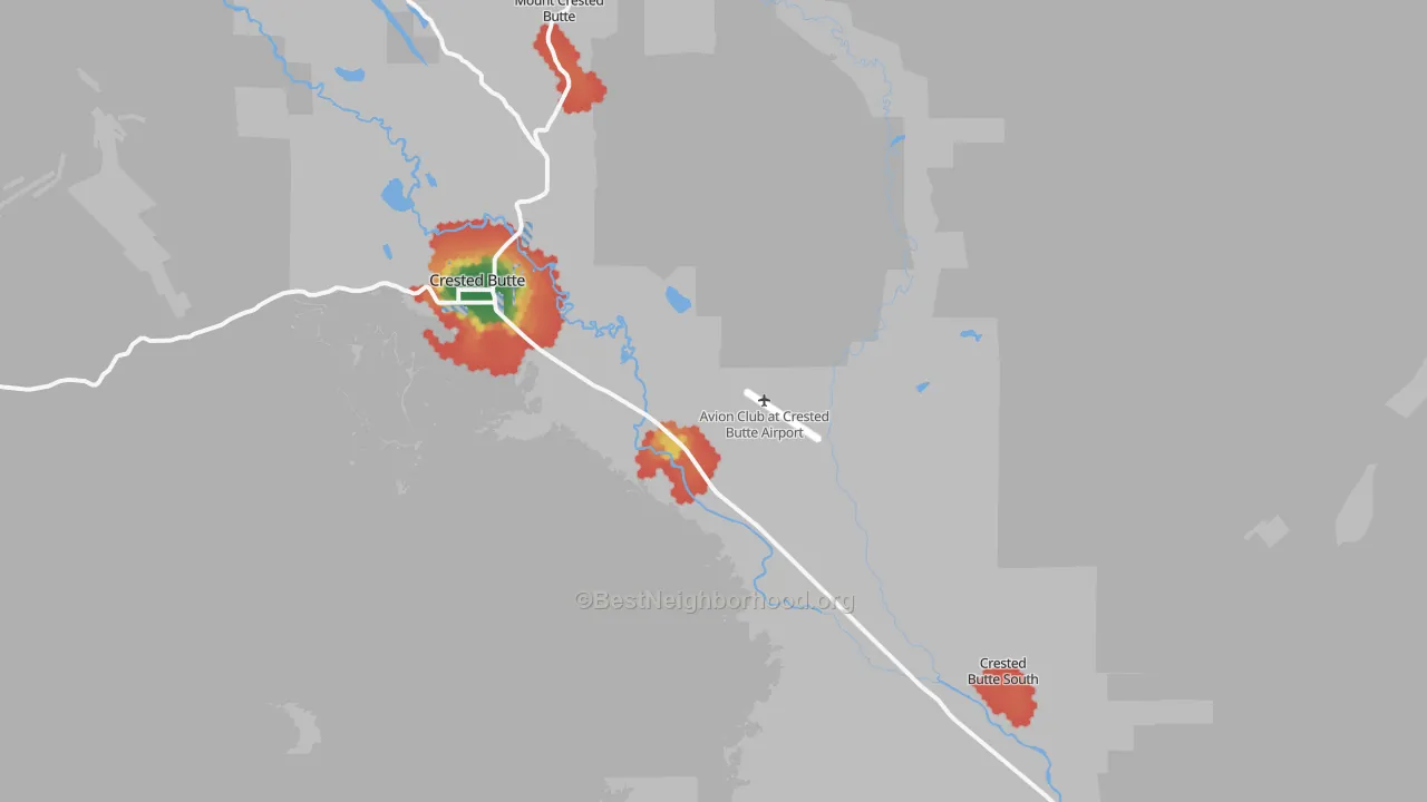 Walk Grade map of 81224, CO, walkable areas in green and car-dependent areas in red
