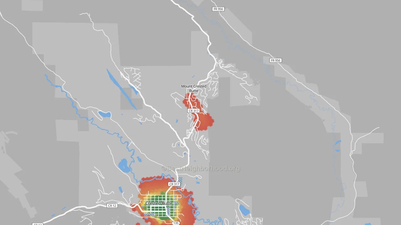 Walk Grade map of 81225, CO, walkable areas in green and car-dependent areas in red