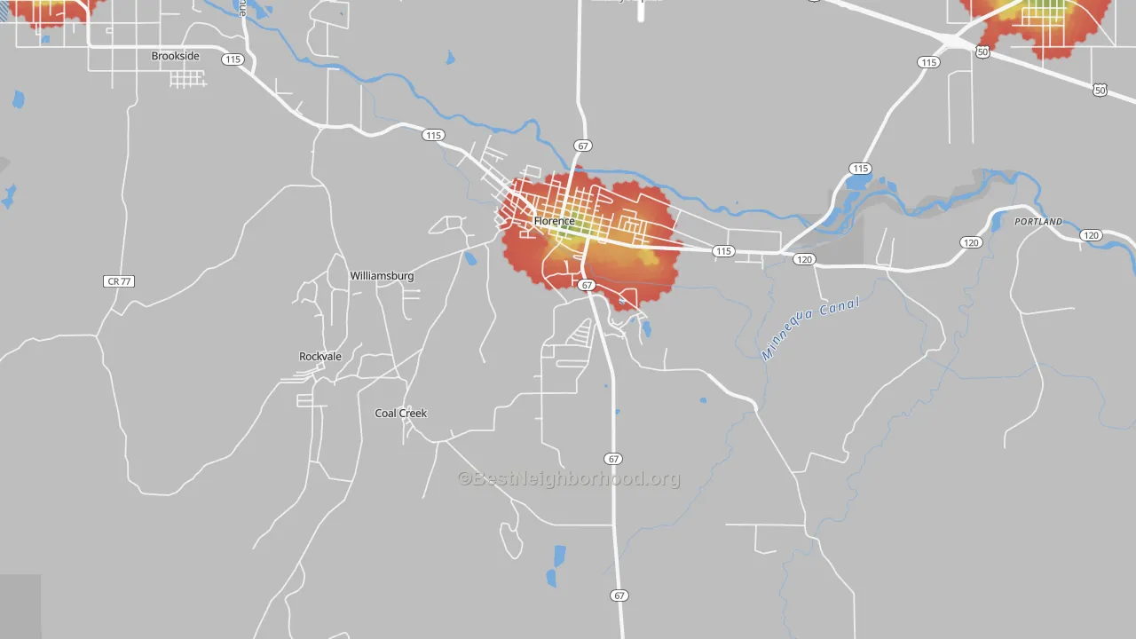 Walk Grade map of 81226, CO, walkable areas in green and car-dependent areas in red