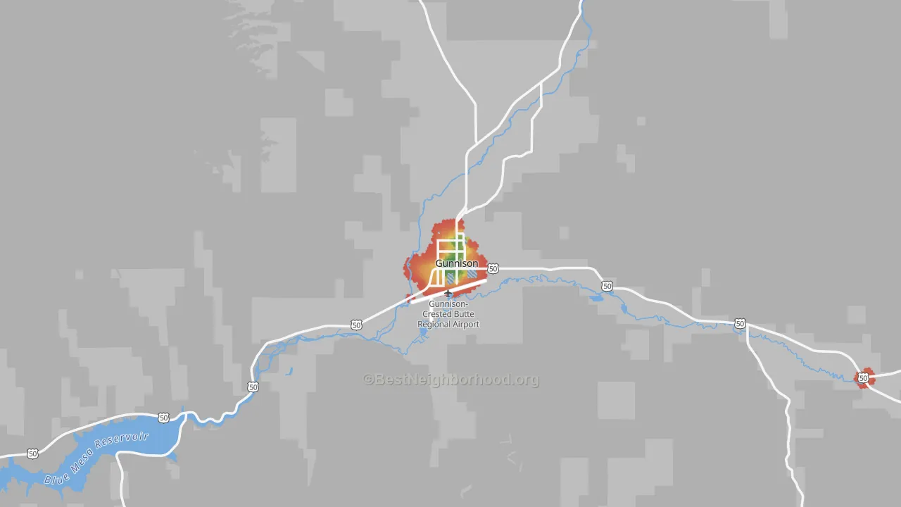 Walk Grade map of 81230, CO, walkable areas in green and car-dependent areas in red