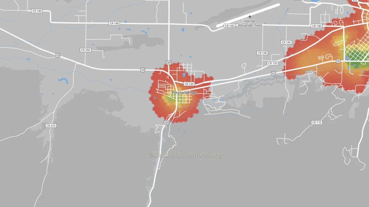 Walk Grade map of 81242, CO, walkable areas in green and car-dependent areas in red