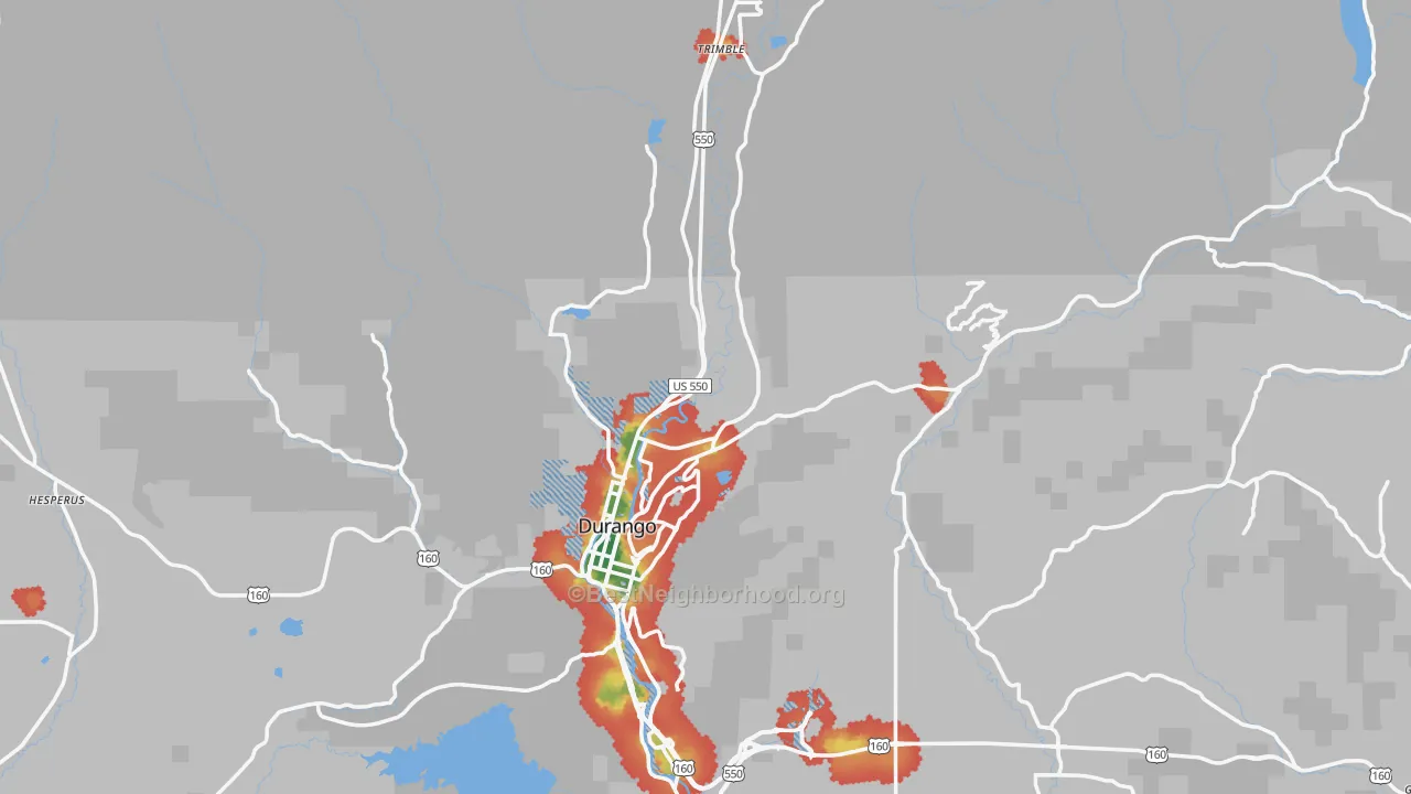 Walk Grade map of 81301, CO, walkable areas in green and car-dependent areas in red