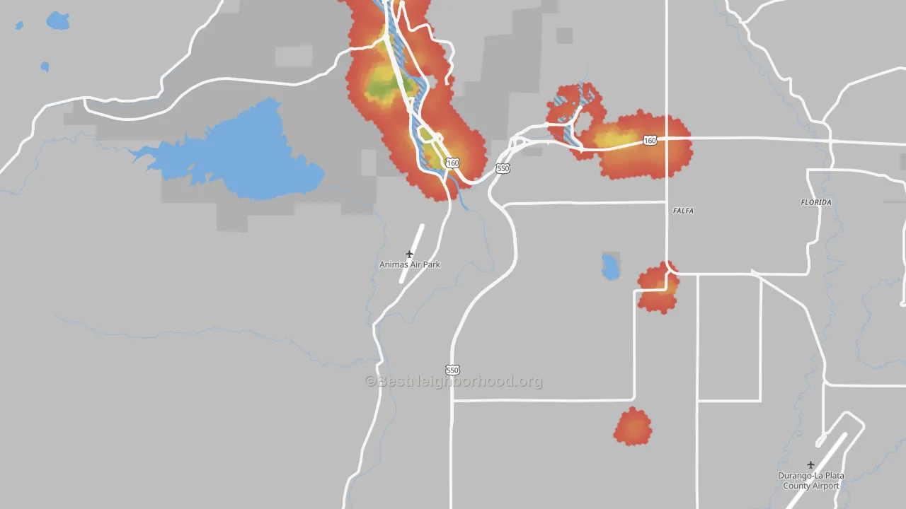 Walk Grade map of 81303, CO, walkable areas in green and car-dependent areas in red