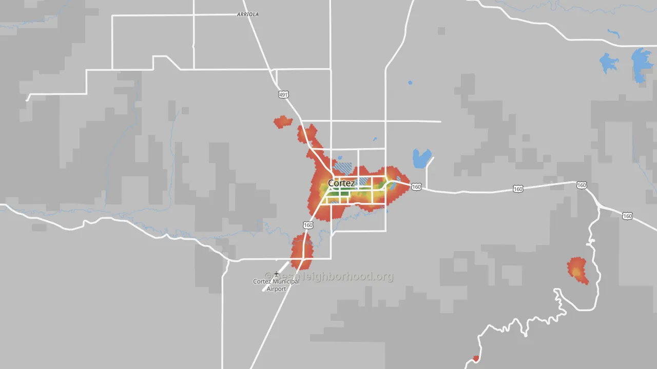 Walk Grade map of 81321, CO, walkable areas in green and car-dependent areas in red