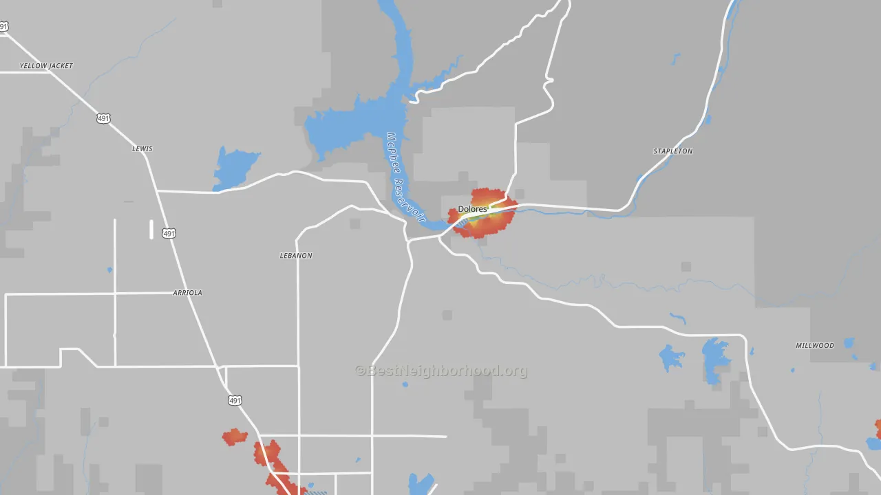 Walk Grade map of 81323, CO, walkable areas in green and car-dependent areas in red