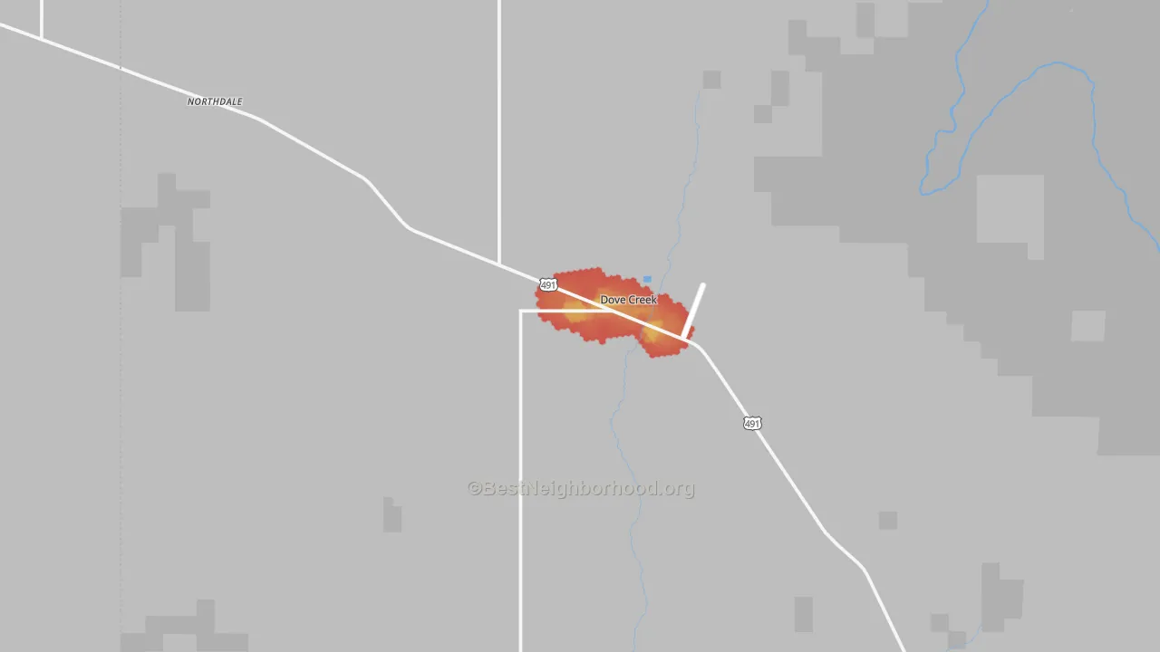 Walk Grade map of 81324, CO, walkable areas in green and car-dependent areas in red