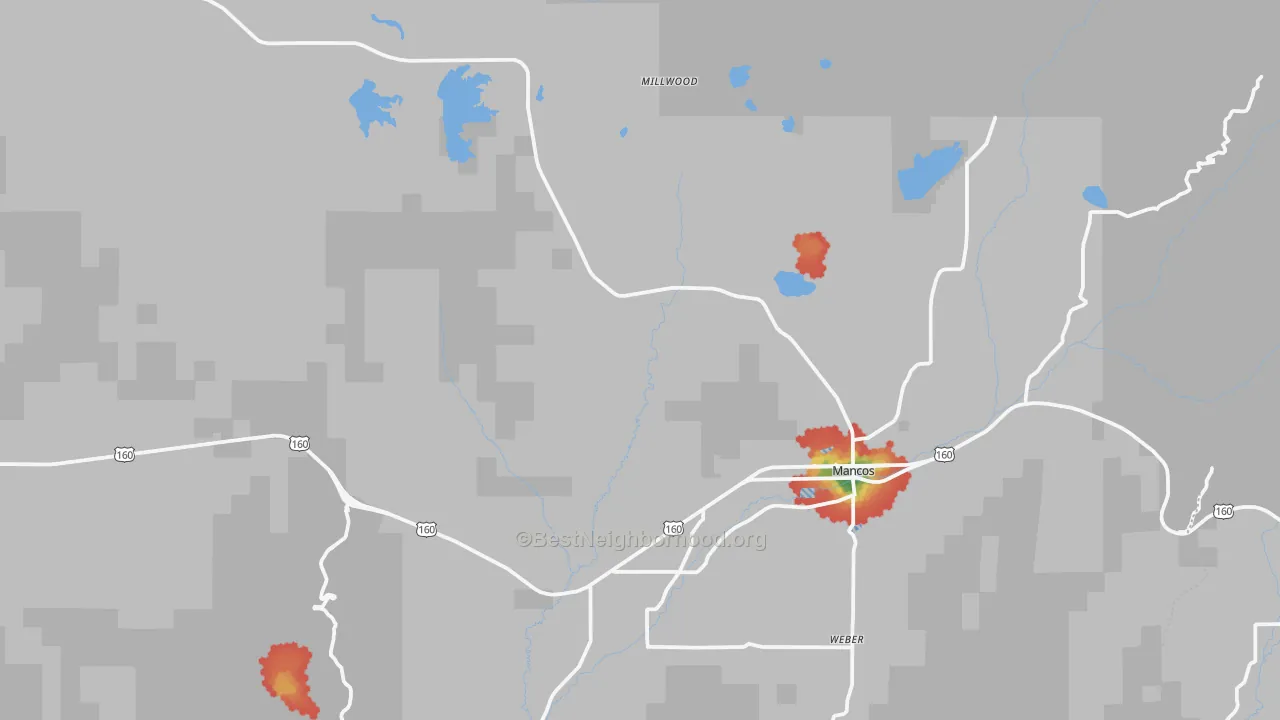 Walk Grade map of 81328, CO, walkable areas in green and car-dependent areas in red