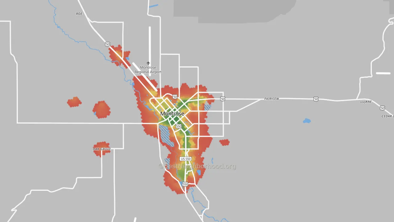 Walk Grade map of 81401, CO, walkable areas in green and car-dependent areas in red