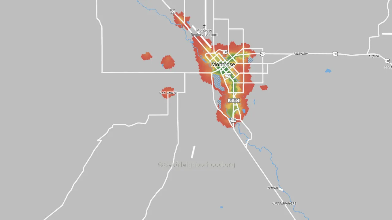 Walk Grade map of 81403, CO, walkable areas in green and car-dependent areas in red