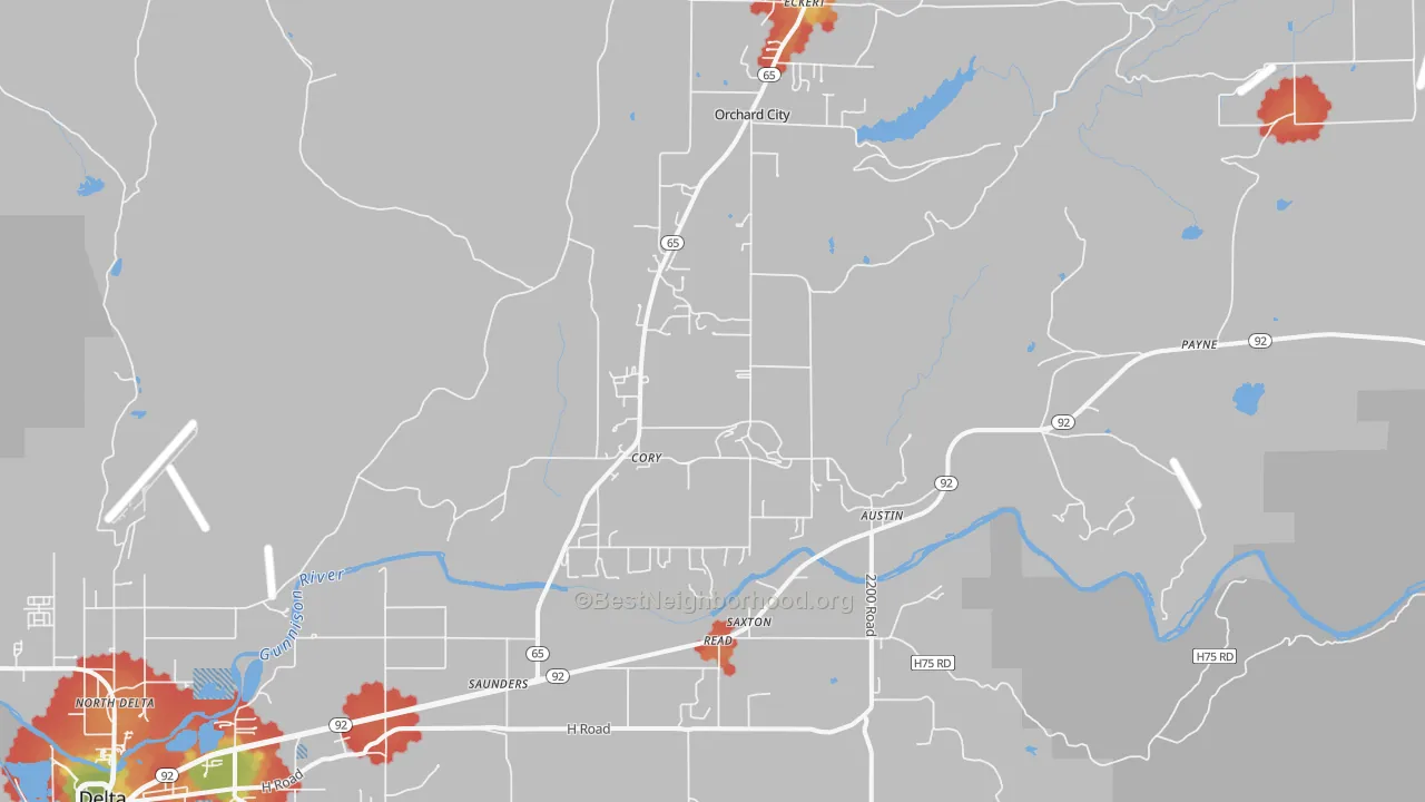 Walk Grade map of 81410, CO, walkable areas in green and car-dependent areas in red