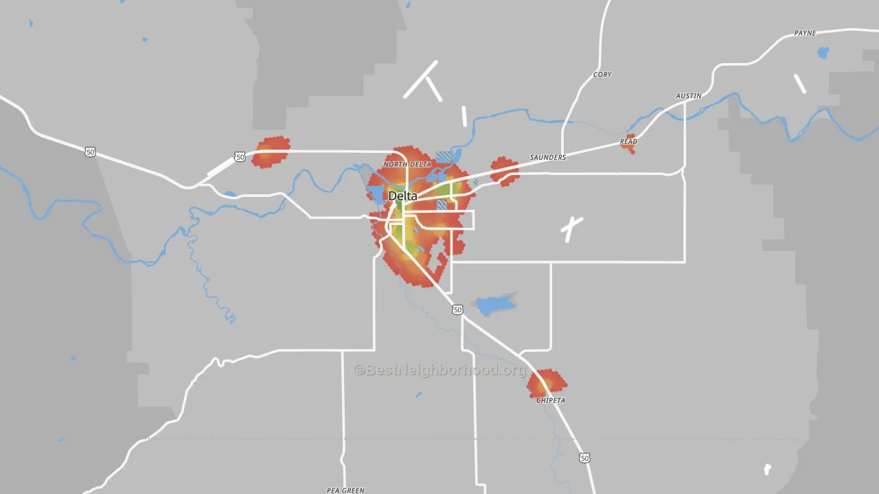 Walk Grade map of 81416, CO, walkable areas in green and car-dependent areas in red