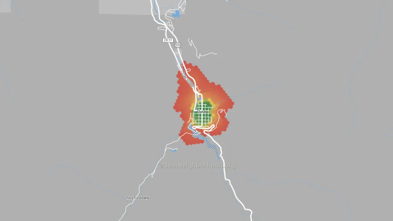 Walk Grade map of 81427, CO, walkable areas in green and car-dependent areas in red