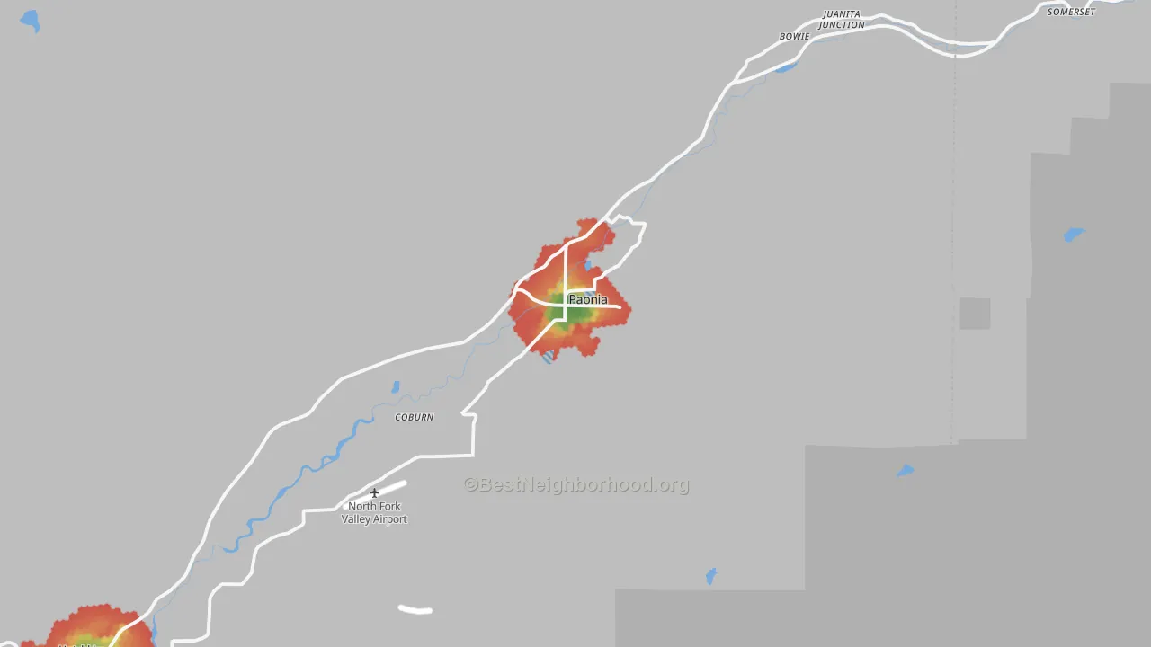 Walk Grade map of 81428, CO, walkable areas in green and car-dependent areas in red