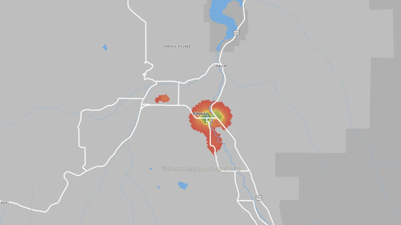 Walk Grade map of 81432, CO, walkable areas in green and car-dependent areas in red