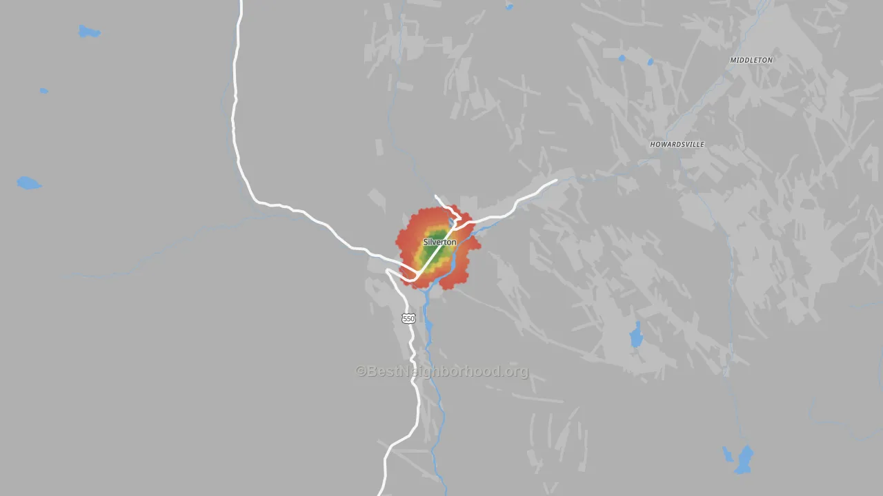 Walk Grade map of 81433, CO, walkable areas in green and car-dependent areas in red