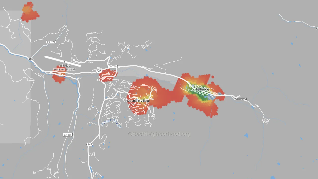 Walk Grade map of 81435, CO, walkable areas in green and car-dependent areas in red