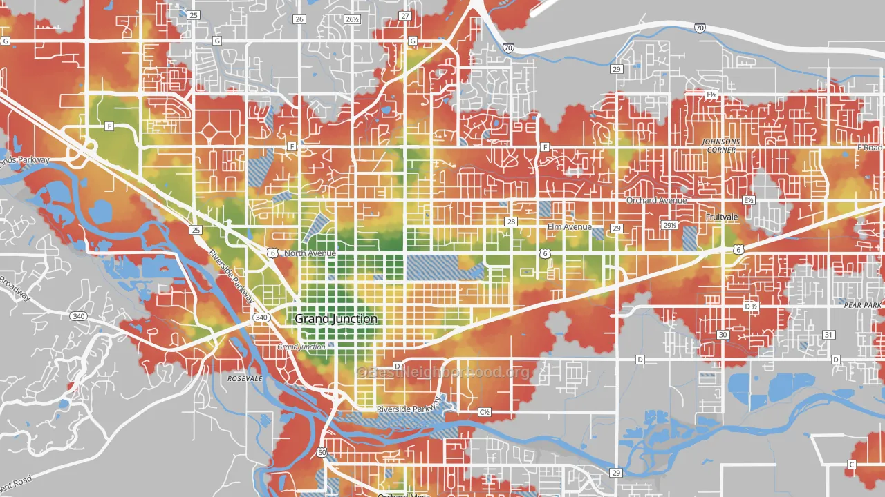 Walk Grade map of 81501, CO, walkable areas in green and car-dependent areas in red