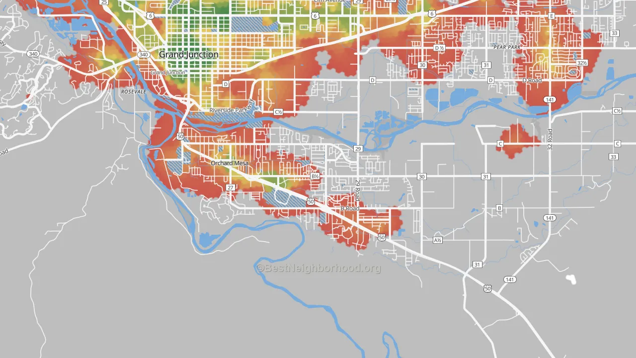 Walk Grade map of 81503, CO, walkable areas in green and car-dependent areas in red