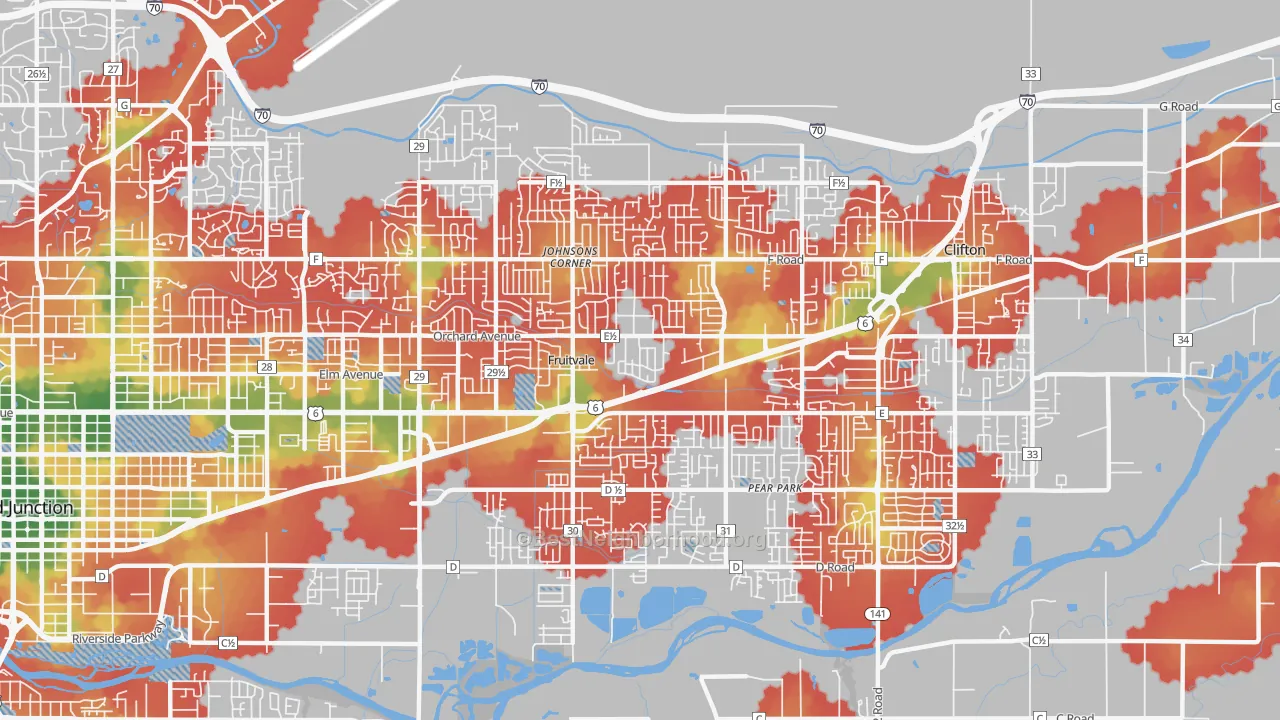 Walk Grade map of 81504, CO, walkable areas in green and car-dependent areas in red