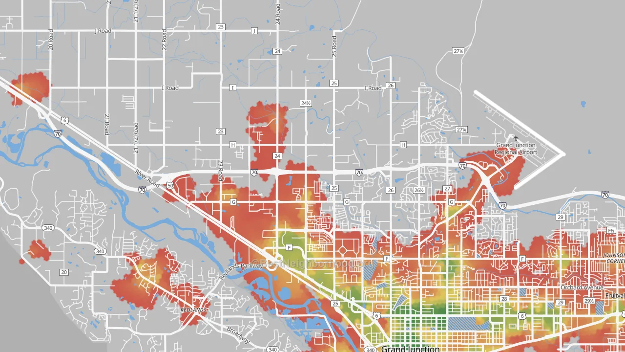 Walk Grade map of 81505, CO, walkable areas in green and car-dependent areas in red