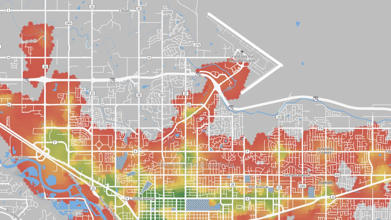 Walk Grade map of 81506, CO, walkable areas in green and car-dependent areas in red