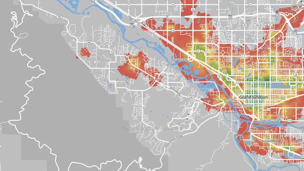 Walk Grade map of 81507, CO, walkable areas in green and car-dependent areas in red