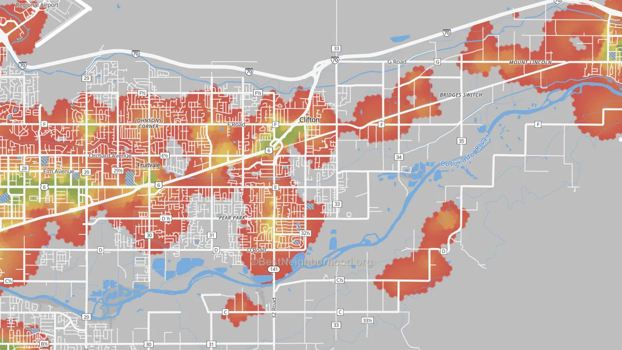 Walk Grade map of 81520, CO, walkable areas in green and car-dependent areas in red